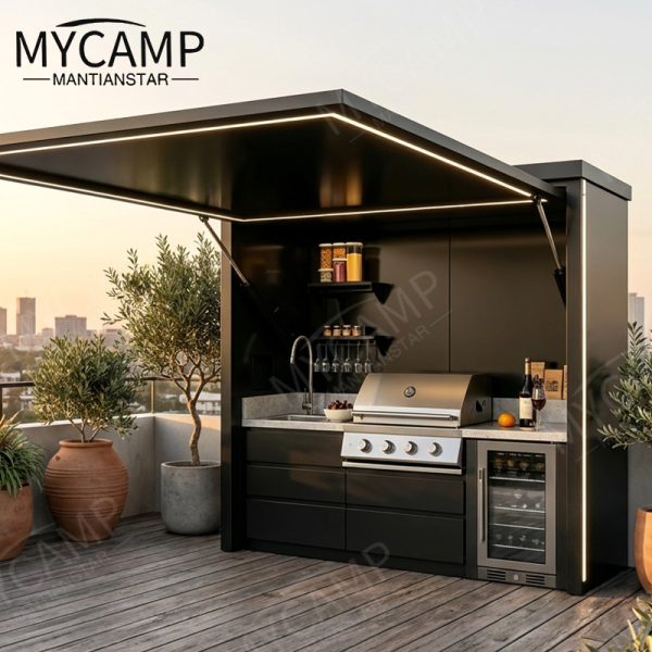 Aluminium Hotel Commercial Modern Cabinet Waterproof Patio Camping Outdoor Kitchen Set With Shed LED Lights Outdoor Bbq Island