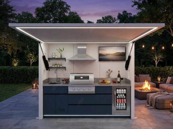 Modern Heavy-Duty All-in-One Outdoor Kitchen Embedded Grill Featuring Deep Fryer Outdoor Kitchen Shed