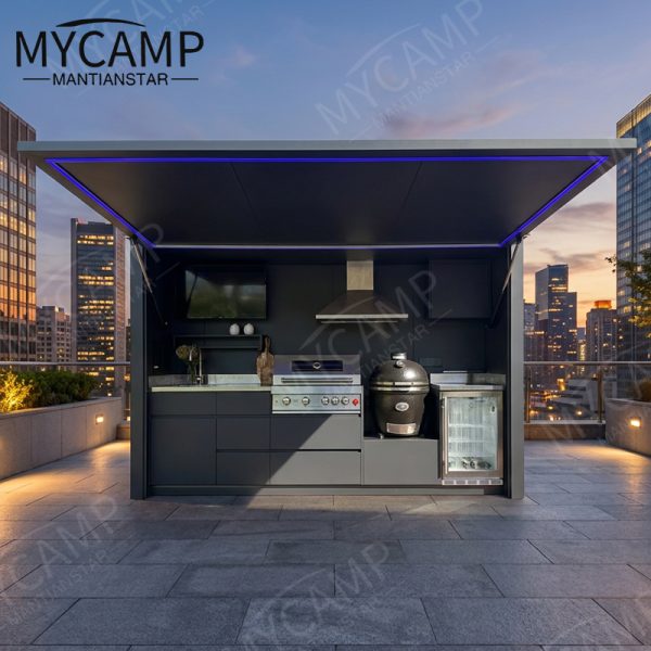 Aluminium Hotel Commercial Modern Cabinet Waterproof Patio Camping Outdoor Kitchen Set With Shed LED Lights Outdoor Bbq Island