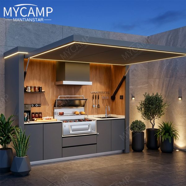 Aluminium Hotel Commercial Modern Cabinet Waterproof Patio Camping Outdoor Kitchen Set With Shed LED Lights Outdoor Bbq Island