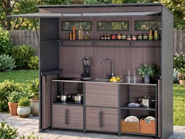 户外厨房(22) Aluminium Hotel Commercial Modern Cabinet Waterproof Patio Camping Outdoor Kitchen Set With Shed LED Lights Outdoor Bbq Island