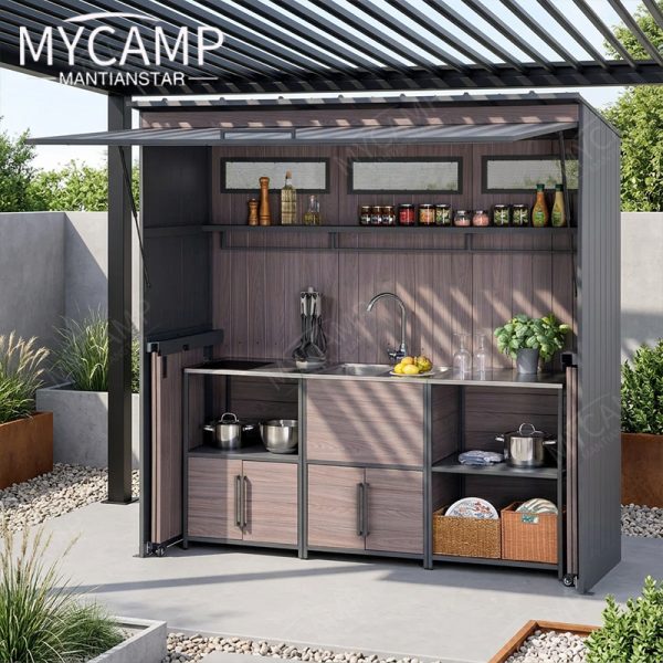 Aluminium Hotel Commercial Modern Cabinet Waterproof Patio Camping Outdoor Kitchen Set With Shed LED Lights Outdoor Bbq Island