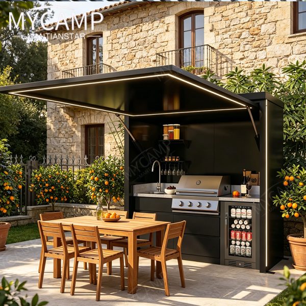 Aluminium Hotel Commercial Modern Cabinet Waterproof Patio Camping Outdoor Kitchen Set With Shed LED Lights Outdoor Bbq Island